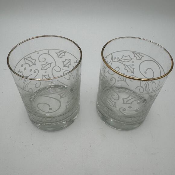 Vtg Libbey DOF Glasses Clear White Holly Gold Rim Rocks Double Old Fashoned S/2 - Picture 3 of 6